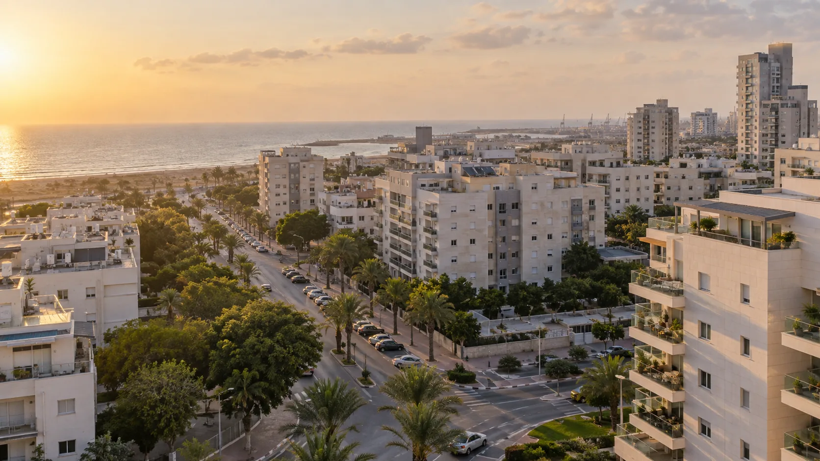 מבט ערוך על רחובות מגורים באשדוד בשעת אחר הצהריים
